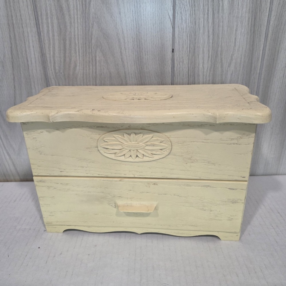 Vtg Lerner Sewing Recipe Grandmas Box Flip Lid Drawer Faux Wood Storage White